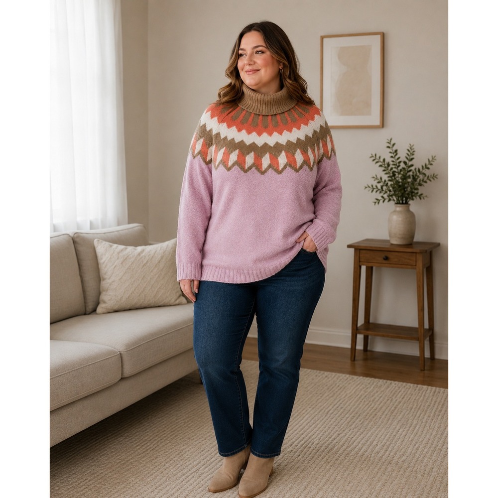 J. Crew Fair Isle Alpaca Wool Blend Sweater Womens XXL Pink Tan Turtleneck
